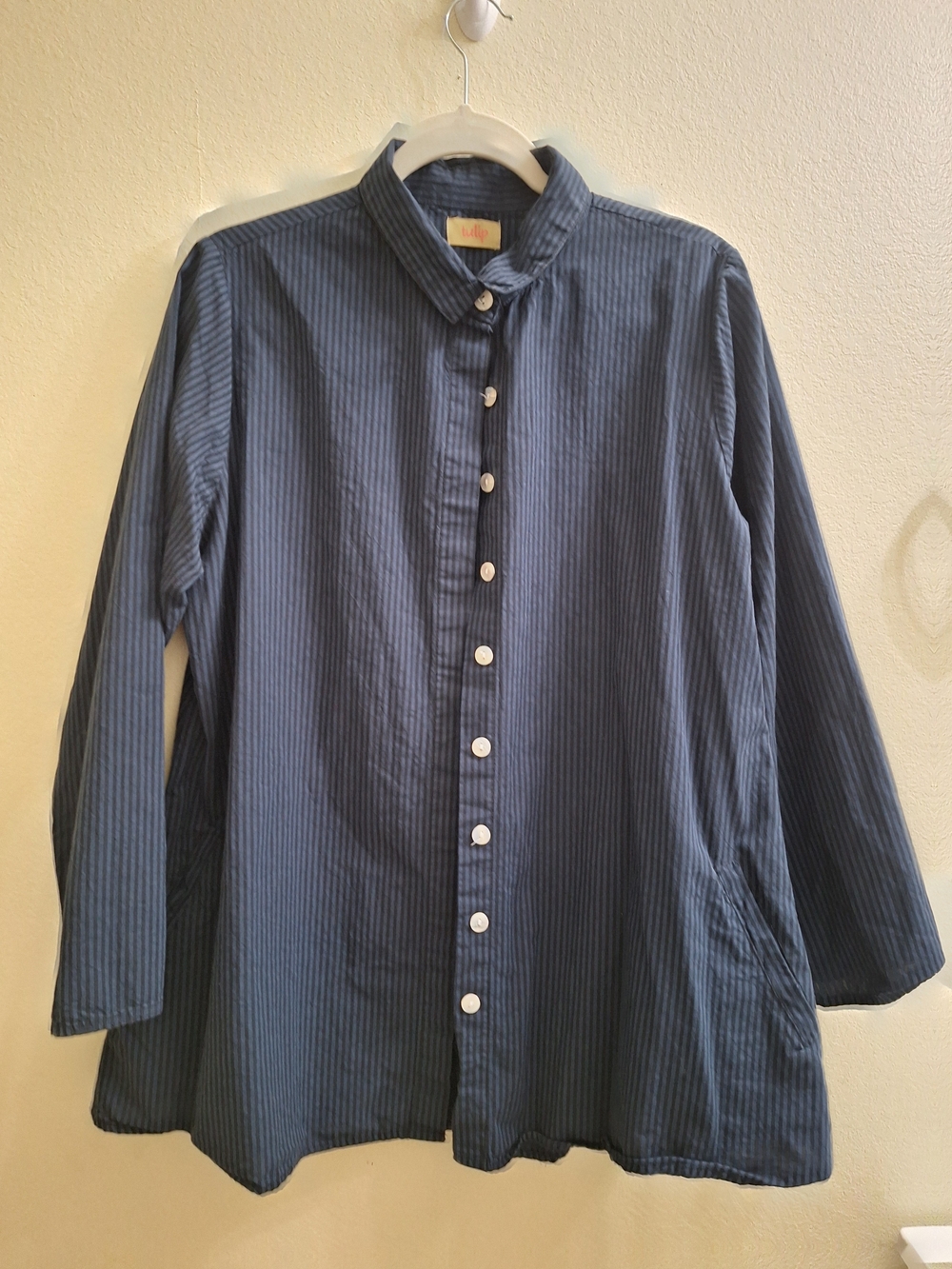 Tulip Blue Striped Button Down Flowy Tunic Shirt Small 100% Cotton